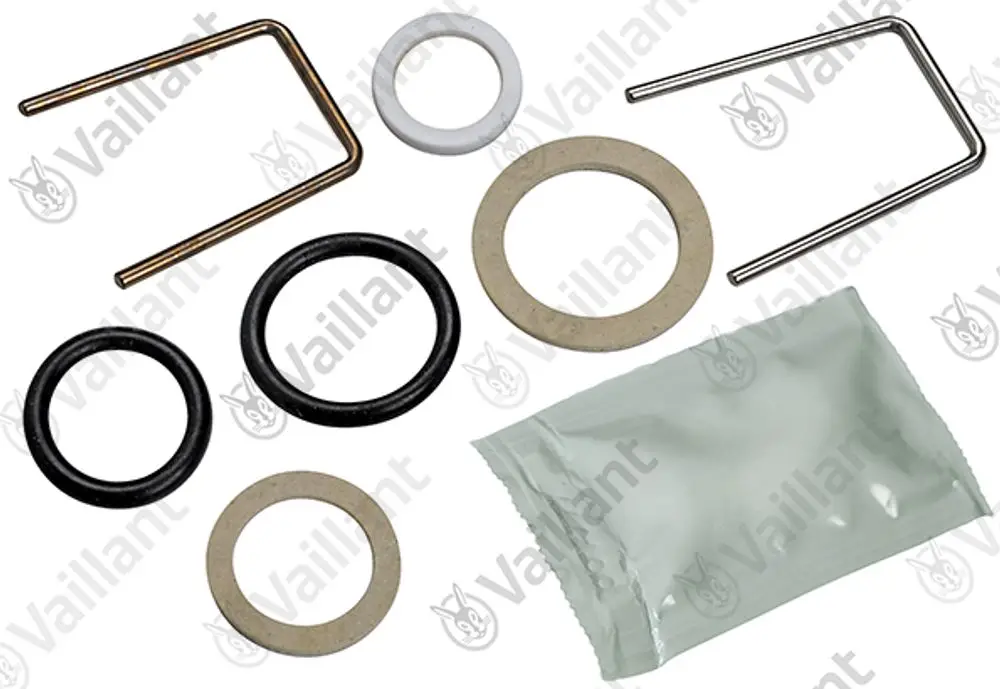 Dichtungsset von Vaillant mit verschiedenen Dichtungen, Ringen und einer Packung, angeordnet auf einem weißen Hintergrund.